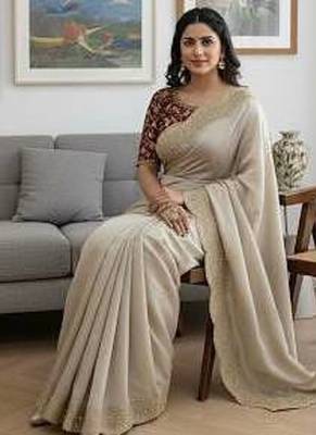 Off White Color Sequance and Zari Embroidery Work rangoli silk Saree 2
