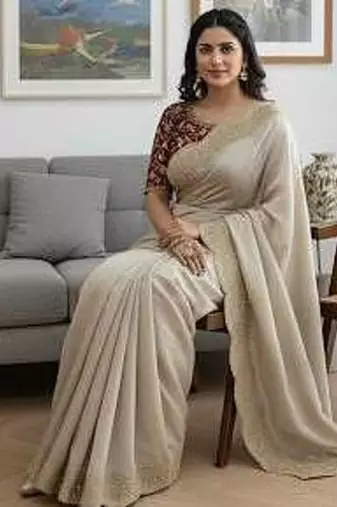 Off White Color Sequance and Zari Embroidery Work rangoli silk Saree