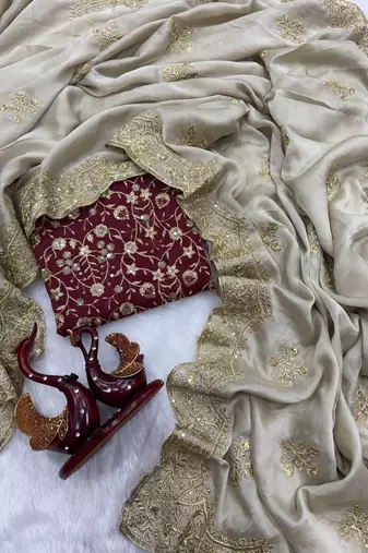 Off White Color Sequance and Zari Embroidery Work rangoli silk Saree