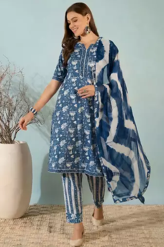 Dark blue floral print cotton blend straight kurta with pant & dupatta ethnic wear set