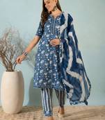 Dark blue floral print cotton blend straight kurta with pant & dupatta ethnic wear set