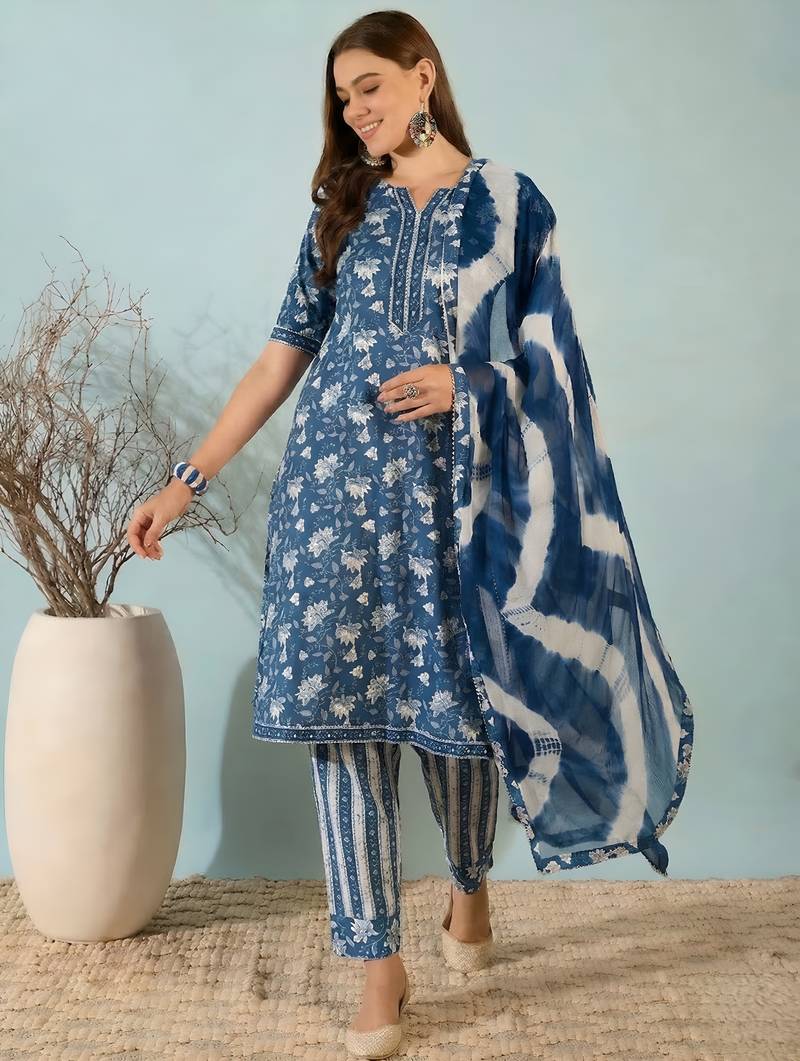 Dark blue floral print cotton blend straight kurta with pant & dupatta ethnic wear set