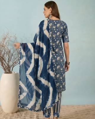 Dark blue floral print cotton blend straight kurta with pant & dupatta ethnic wear set 2