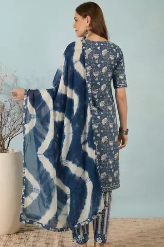 Dark blue floral print cotton blend straight kurta with pant & dupatta ethnic wear set