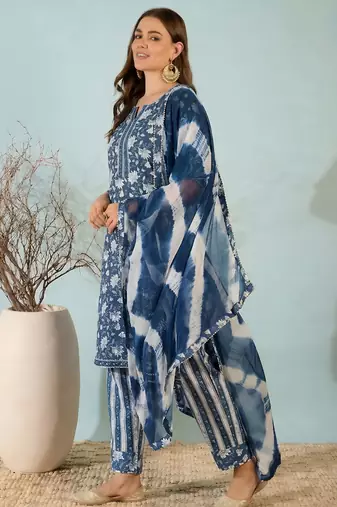 Dark blue floral print cotton blend straight kurta with pant & dupatta ethnic wear set