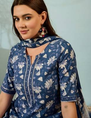 Dark blue floral print cotton blend straight kurta with pant & dupatta ethnic wear set 4