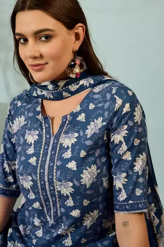 Dark blue floral print cotton blend straight kurta with pant & dupatta ethnic wear set