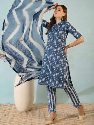 Dark blue floral print cotton blend straight kurta with pant & dupatta ethnic wear set 5