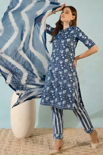 Dark blue floral print cotton blend straight kurta with pant & dupatta ethnic wear set
