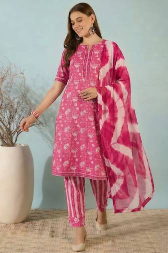 Pink floral print cotton blend straight kurta with pant & dupatta ethnic wear set