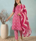 Pink floral print cotton blend straight kurta with pant & dupatta ethnic wear set