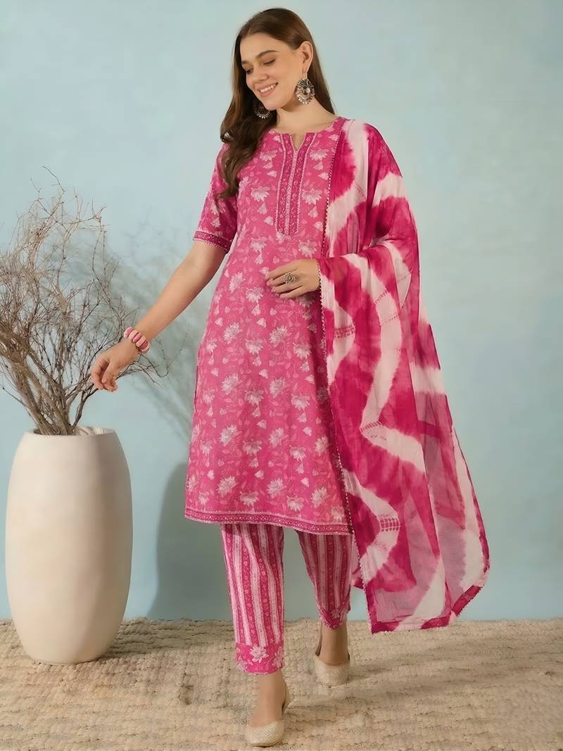 Pink floral print cotton blend straight kurta with pant & dupatta ethnic wear set