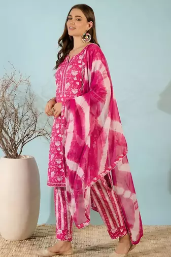 Pink floral print cotton blend straight kurta with pant & dupatta ethnic wear set