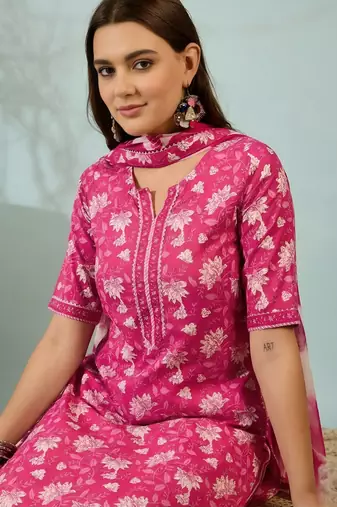 Pink floral print cotton blend straight kurta with pant & dupatta ethnic wear set