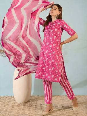 Pink floral print cotton blend straight kurta with pant & dupatta ethnic wear set 5