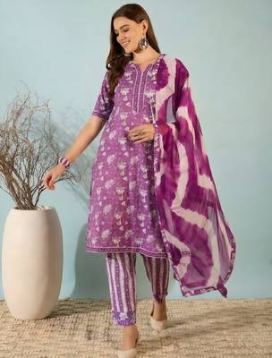 Purple floral print cotton blend straight kurta with pant & tie-dye dupatta ethnic wear set 1