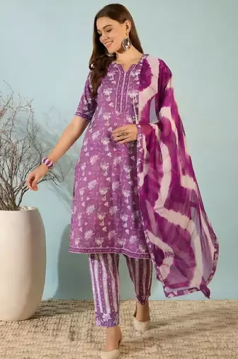 Purple floral print cotton blend straight kurta with pant & tie-dye dupatta ethnic wear set