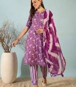 Purple floral print cotton blend straight kurta with pant & tie-dye dupatta ethnic wear set
