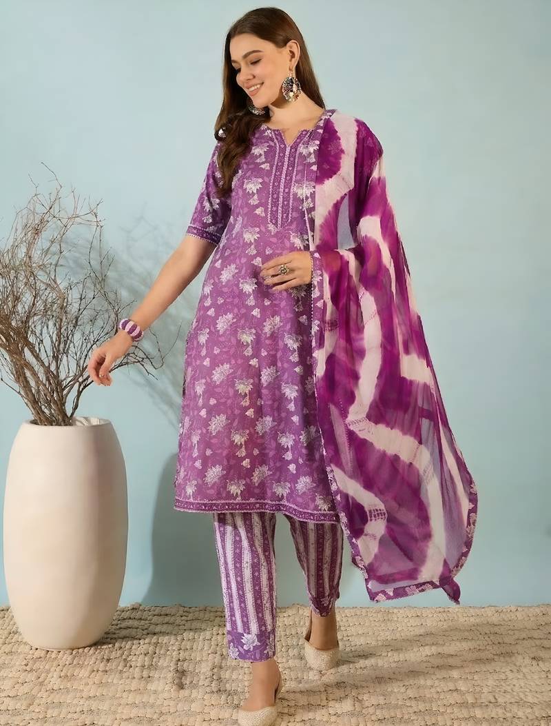 Purple floral print cotton blend straight kurta with pant & tie-dye dupatta ethnic wear set