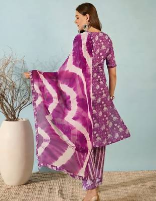 Purple floral print cotton blend straight kurta with pant & tie-dye dupatta ethnic wear set 2