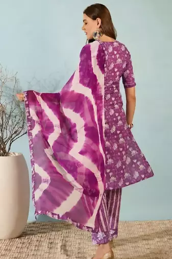 Purple floral print cotton blend straight kurta with pant & tie-dye dupatta ethnic wear set