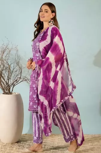Purple floral print cotton blend straight kurta with pant & tie-dye dupatta ethnic wear set