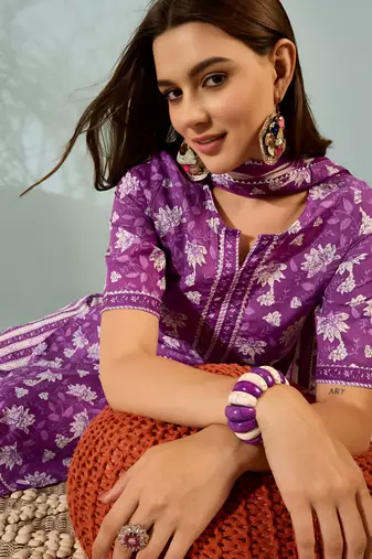 Purple floral print cotton blend straight kurta with pant & tie-dye dupatta ethnic wear set