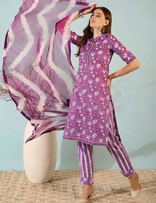 Purple floral print cotton blend straight kurta with pant & tie-dye dupatta ethnic wear set 5