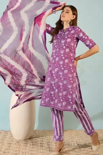 Purple floral print cotton blend straight kurta with pant & tie-dye dupatta ethnic wear set