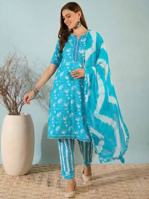 Sky blue floral print cotton blend straight kurta with pant & dupatta ethnic wear set 1