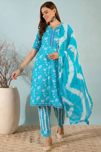 Sky blue floral print cotton blend straight kurta with pant & dupatta ethnic wear set