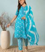 Sky blue floral print cotton blend straight kurta with pant & dupatta ethnic wear set