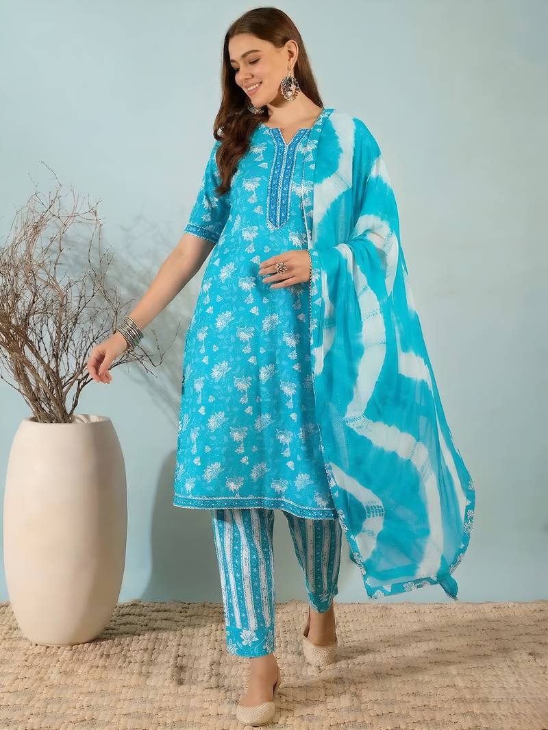 Sky blue floral print cotton blend straight kurta with pant & dupatta ethnic wear set