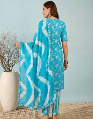Sky blue floral print cotton blend straight kurta with pant & dupatta ethnic wear set 2