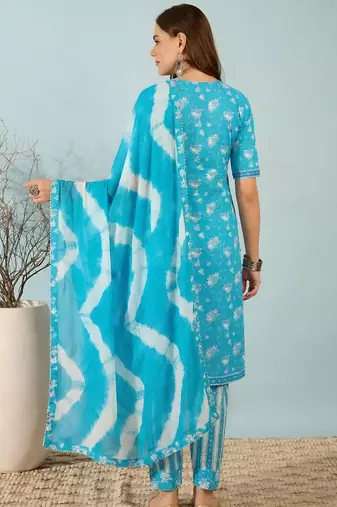 Sky blue floral print cotton blend straight kurta with pant & dupatta ethnic wear set