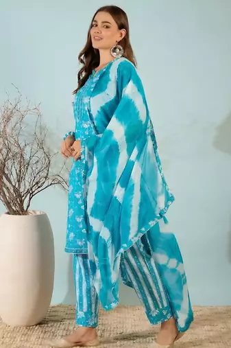Sky blue floral print cotton blend straight kurta with pant & dupatta ethnic wear set