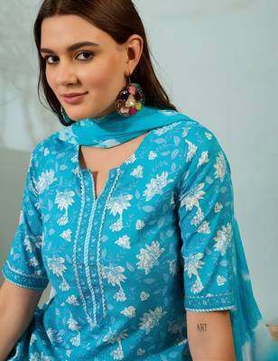 Sky blue floral print cotton blend straight kurta with pant & dupatta ethnic wear set 4