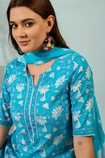 Sky blue floral print cotton blend straight kurta with pant & dupatta ethnic wear set