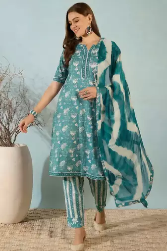 Blue floral print cotton blend straight kurta with pant & dupatta ethnic wear set