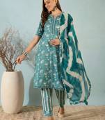 Blue floral print cotton blend straight kurta with pant & dupatta ethnic wear set