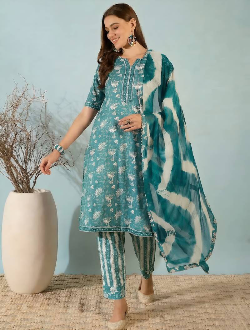Blue floral print cotton blend straight kurta with pant & dupatta ethnic wear set