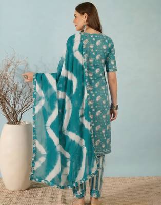 Blue floral print cotton blend straight kurta with pant & dupatta ethnic wear set 2