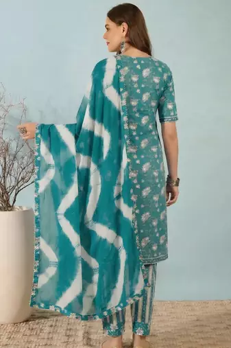 Blue floral print cotton blend straight kurta with pant & dupatta ethnic wear set