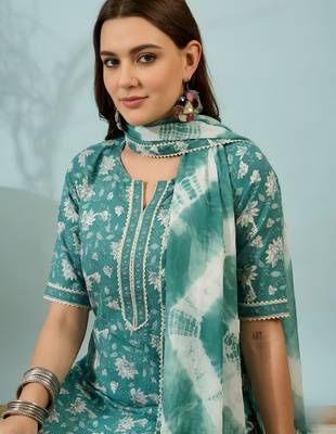 Blue floral print cotton blend straight kurta with pant & dupatta ethnic wear set 3