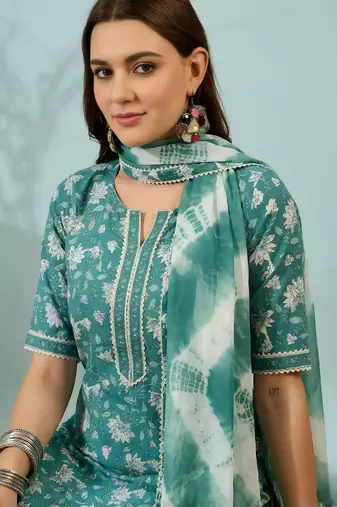 Blue floral print cotton blend straight kurta with pant & dupatta ethnic wear set