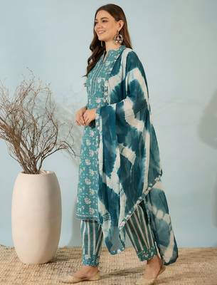 Blue floral print cotton blend straight kurta with pant & dupatta ethnic wear set 4