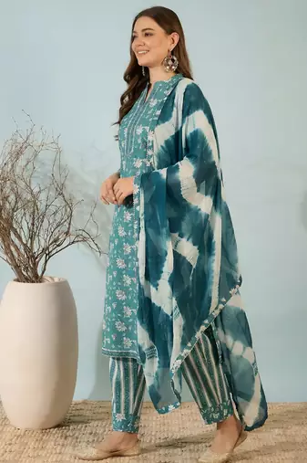 Blue floral print cotton blend straight kurta with pant & dupatta ethnic wear set