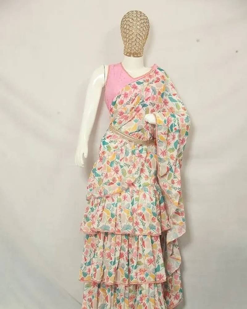 Pink Printed Dots Print Designer Saree Set