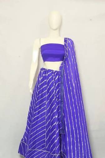 Blue Printed Stripes Print Designer Free Size Lehenga Choli Set