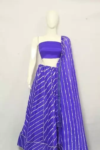 Blue Printed Stripes Print Designer Free Size Lehenga Choli Set